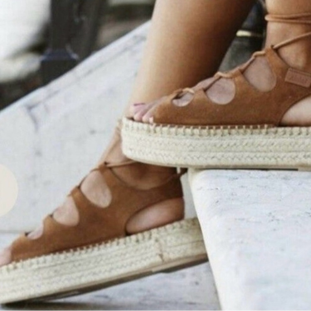 Alohas Gladiator Espadrille Leather Platform Sandals In Camel Size 38